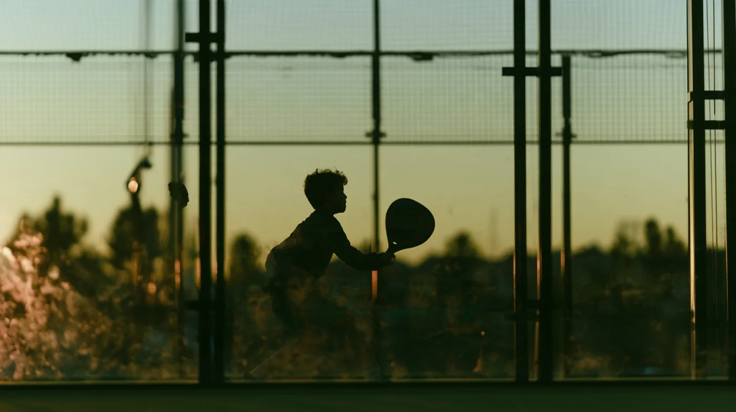 Kind mit Padelschläger auf einem Court im Abendlicht
