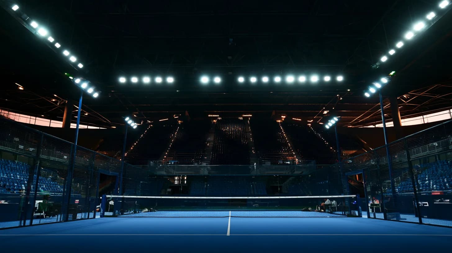 Dunkel beleuchteter Padel-Court in einer großen Indoor-Arena